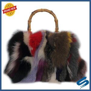 Luxury Fox Fur Handbag with Bamboo Handle and Kisslock Closure